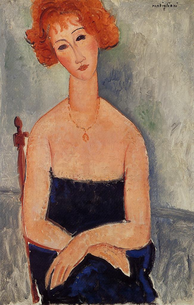 Readhead Wearing a Pendant - Amedeo Modigliani Paintings